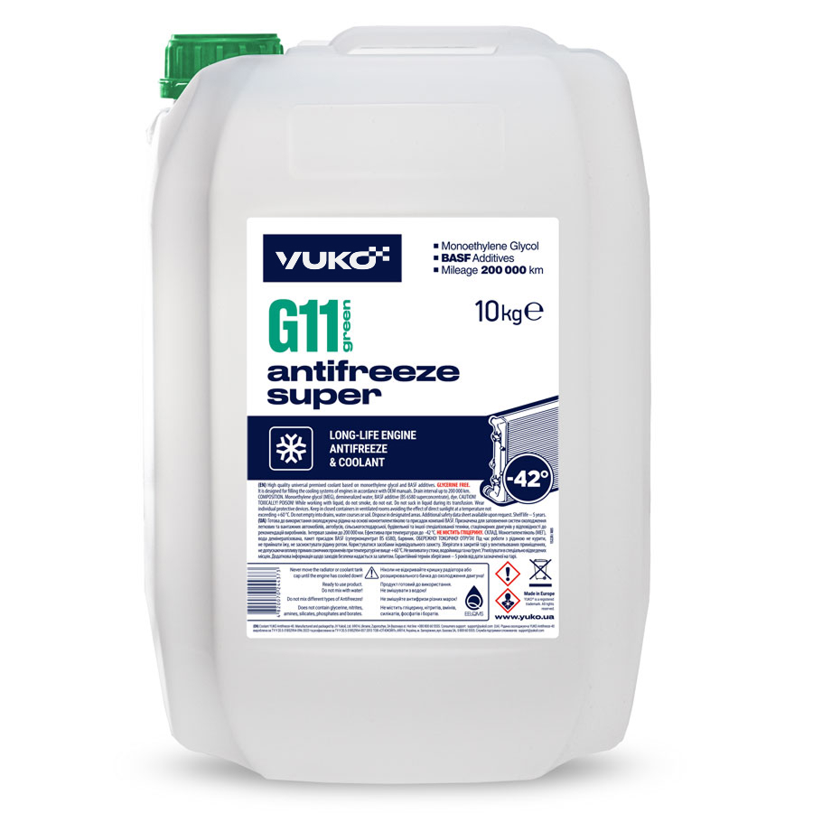 Рідина охолоджуюча VUKO Antifreeze -40 (Super G11 зелений) 10кг каністра 10л ПЕ